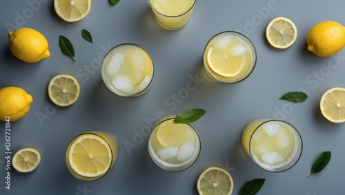 Lemonade drinks with ice in clear glasses surrounded by fresh lemons and lemon slices on gray background withCopy Space photo