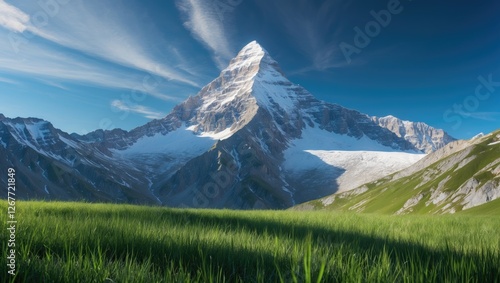 Majestic snow-capped mountain peak surrounded by lush green grass under a clear blue sky with cloud formations Copy Space photo