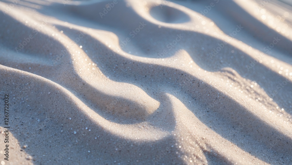 Textured patterns of fine sand with shimmering grains illuminated by soft natural light in a beach setting Textured patterns of fine sand with shimmering grains illuminated by soft natural light in a beach setting