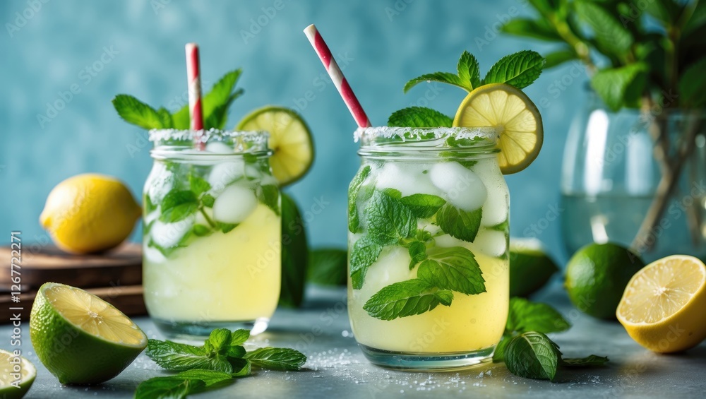 Fototapeta premium Refreshing mint lemonade with ice cubes in jars garnished with lemon slices and mint leaves on a blue background with copy space.