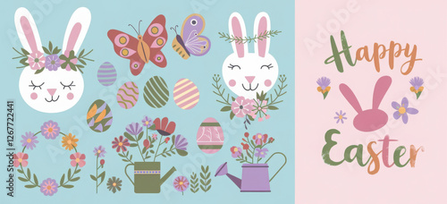 Happy Easter card - cute bunny, eggs, birds and flowers elements, vector illustration
