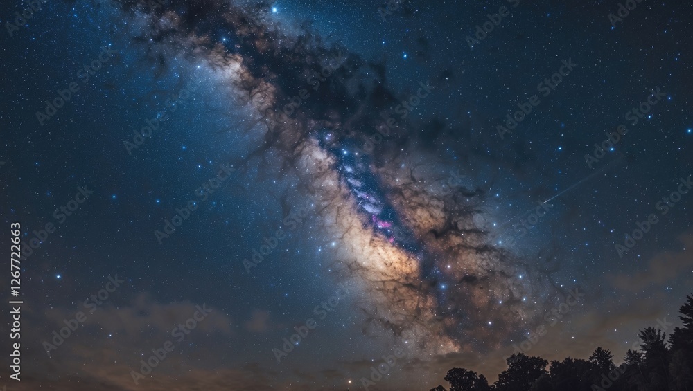Vivid view of the Milky Way Galaxy with bright stars and dark clouds against a night sky landscape featuring silhouette of trees. Copy Space Vivid view of the Milky Way Galaxy with bright stars and dark clouds against a night sky landscape featuring silhouette of trees. Copy Space
