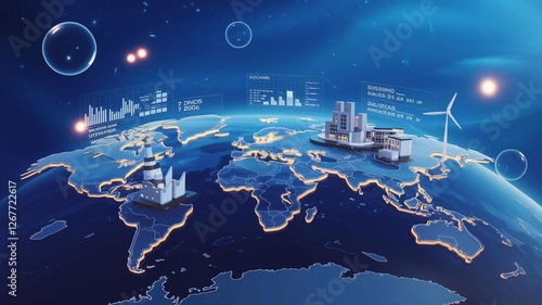 Business and Global Economy 3D world map with business icons and data charts, futuristic design, representing global economic trends