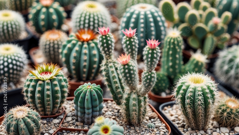 Cacti collection in pots with colorful flowers and varying shapes in a greenhouse setting natural light and textures Copy Space Cacti collection in pots with colorful flowers and varying shapes in a greenhouse setting natural light and textures Copy Space