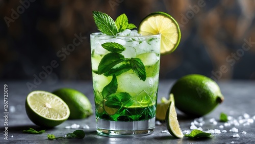 Wallpaper Mural Mojito cocktail with fresh mint leaves slices of lime and ice on dark background with copy space Torontodigital.ca