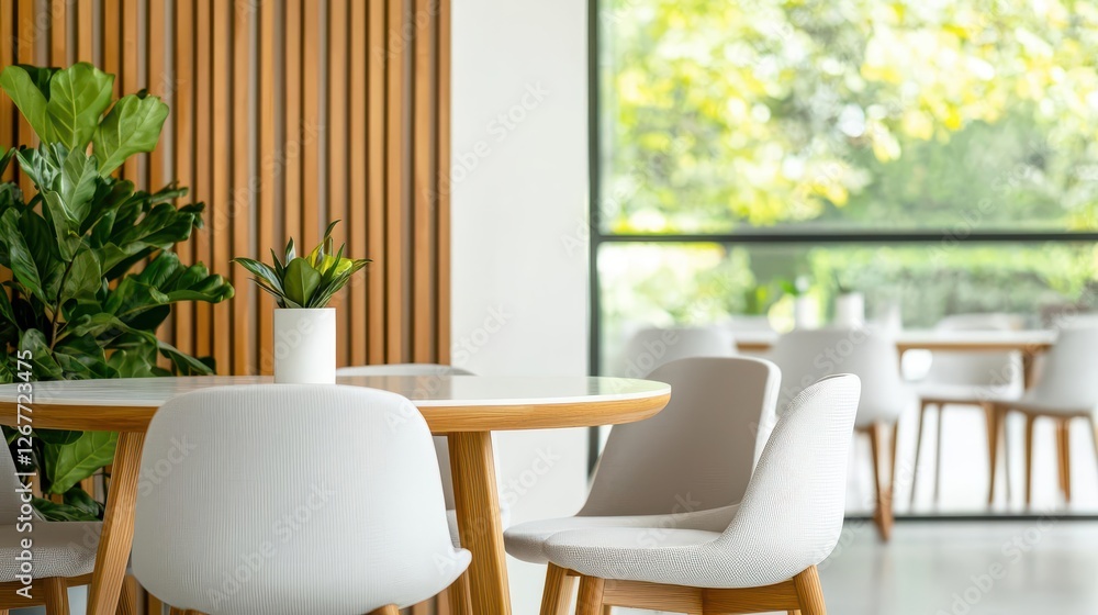 Modern twostory coffee shop with floortoceiling windows, warm wood textures, and sleek minimalist furniture Modern twostory coffee shop with floortoceiling windows, warm wood textures, and sleek minimalist furniture