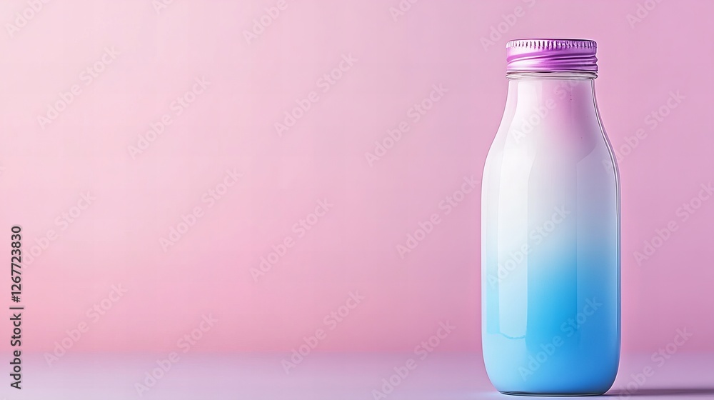 Pastel-colored glass bottle with ombre effect, pink and blue tones against a pink background. Pastel-colored glass bottle with ombre effect, pink and blue tones against a pink background.
