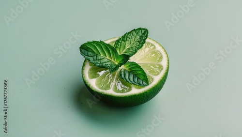 Fresh half lime with mint leaves on top against a soft green background Copy Space photo