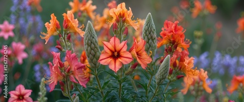 Fototapeta Naklejka Na Ścianę i Meble -  Vibrant colorful flowers in bloom with shades of orange and pink against a blurred green background Copy Space