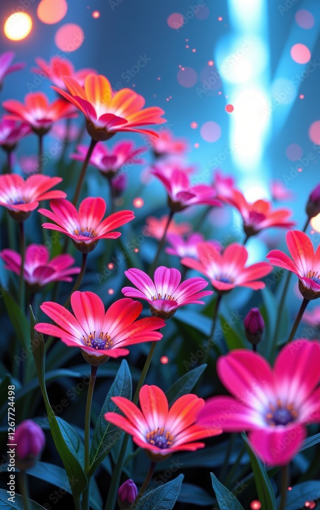 A stunning close-up of vibrant, glowing flowers in full bloom, illuminated with soft golden light. 