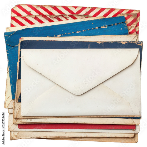 Pile of Vintage Envelopes with Red Stripes and Blue Borders on Transparent Background