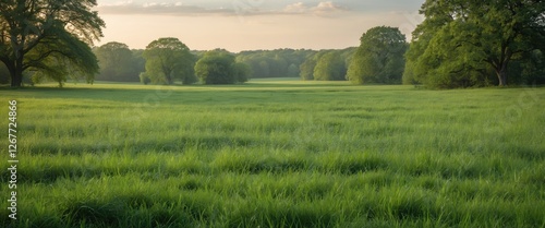 Fototapeta Naklejka Na Ścianę i Meble -  Lush green meadow landscape under soft morning light with trees in the background and expansive grassy area Copy Space