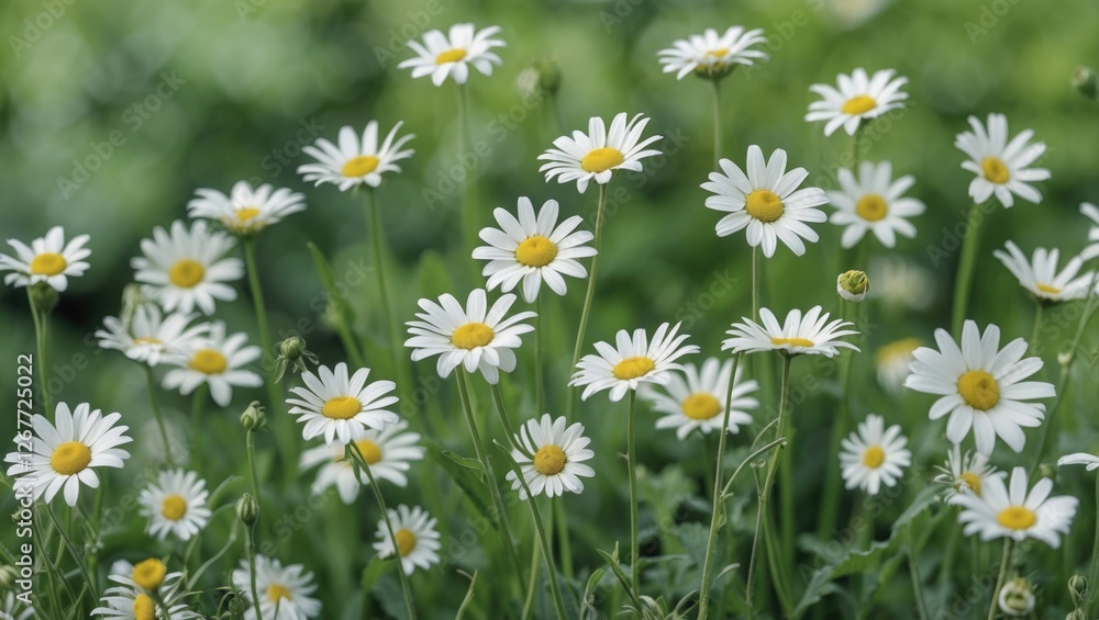 Fototapeta premium Daisies blooming in a lush green field with blurred background and ample copy space for text placement