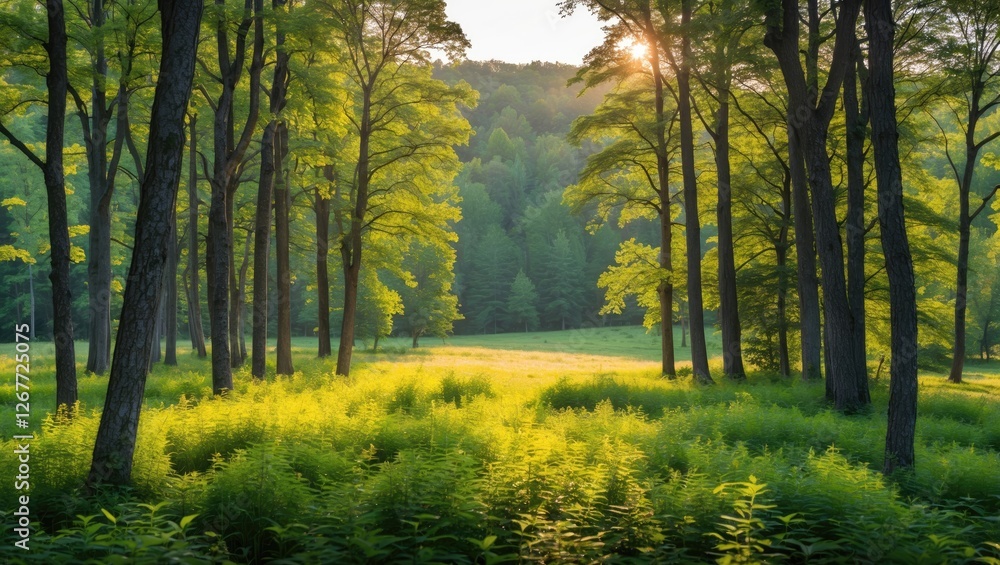 Fototapeta premium Lush green forest landscape with sunlight filtering through trees creating a tranquil atmosphere and vibrant foliage Copy Space