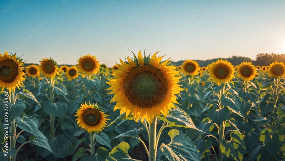 Fototapeta premium Sunflower field under clear sky at sunset featuring vivid yellow blooms with green leaves and natural light Copy Space
