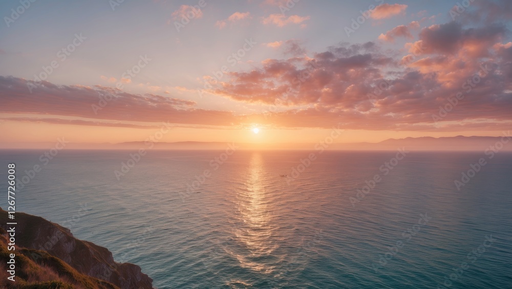 Fototapeta premium Sunset over calm ocean waters with reflective light and distant mountains under a colorful sky, ideal for landscape photography, Copy Space