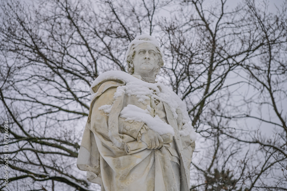 Goethe-Denkmal, Winter, Schnee, Park, Großer Tiergarten, Tiergarten, Mitte, Berlin, Deutschland Goethe-Denkmal, Winter, Schnee, Park, Großer Tiergarten, Tiergarten, Mitte, Berlin, Deutschland