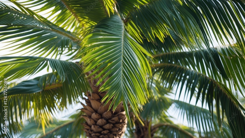 Fototapeta premium Close-up of palm tree leaves with sunlight filtering through showcasing vibrant green foliage and a textured trunk in natural setting. Copy Space