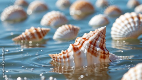 Close-up of seashells floating in clear water with soft ripples and a blurred background of additional shells in the distance Copy Space photo