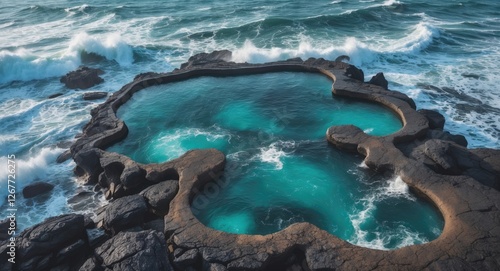 Coastal rock pool surrounded by crashing ocean waves with clear turquoise water and rocky shoreline natural landscape photo