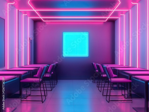 Futuristic cyberpunkstyle twostory cafe with neon glow lighting, digital art projections, and metallic surfaces photo