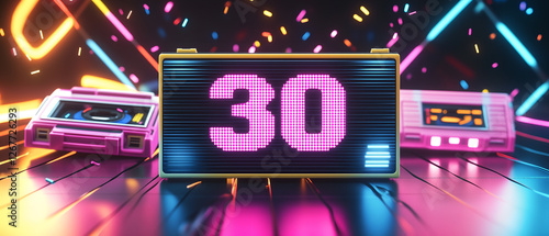 retro, pink 30 anniversary / birthday panorama background in 80s / 90s disco party style