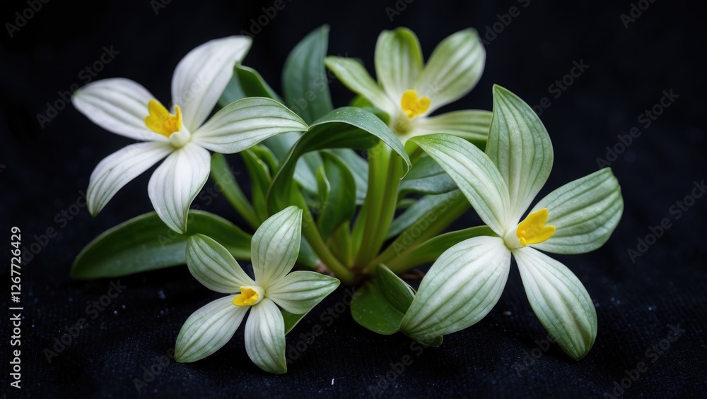 Fototapeta premium White and green orchid flowers with yellow details on dark background featuring Copy Space