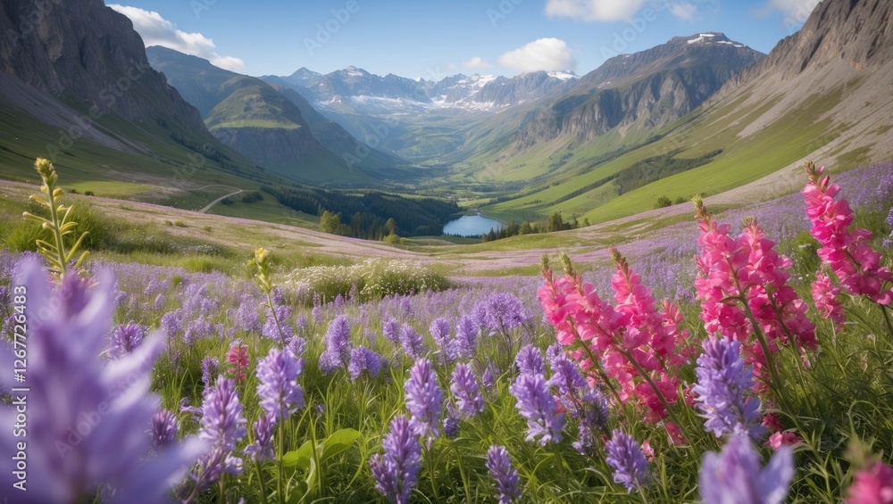 Fototapeta premium Vibrant wildflower field in a mountainous valley with a picturesque lake and snow-capped peaks under a clear blue sky