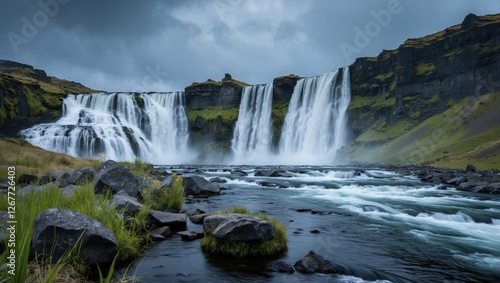 Multiple waterfalls cascading over rocky cliffs into a river with lush green grass and stones in the foreground under a cloudy sky Copy Space