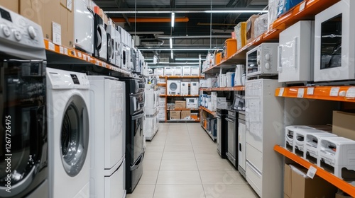 Appliances Aisle in a Retail Store: Rows of Washers, Dryers, and Other Home Appliances