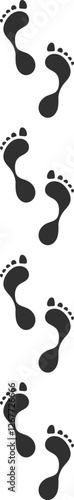 Bare human footprints creating a winding path across a white background, illustrating direction and movement while inviting thoughts of adventure and exploration