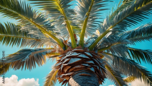 Palm tree from below with lush green fronds against a bright blue sky and fluffy clouds showcasing natural beauty and summer vibes Copy Space photo