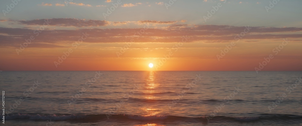 Sunset over calm ocean waters with colorful sky and reflection on water surface, tropical beach landscape, wide horizontal orientation, Copy Space Sunset over calm ocean waters with colorful sky and reflection on water surface, tropical beach landscape, wide horizontal orientation, Copy Space