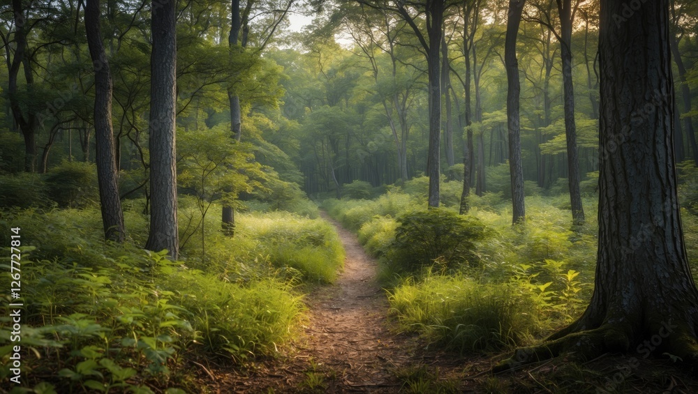 Fototapeta premium Serene forest path winding through lush greenery in a tranquil woodland environment with soft sunlight filtering through trees Copy Space