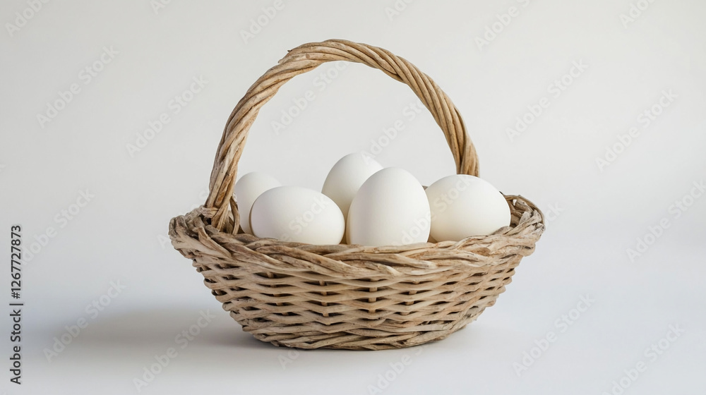 Celebratory basket filled with white Easter eggs, symbolizing joy and renewal on a sunny Easter Sunday morning Celebratory basket filled with white Easter eggs, symbolizing joy and renewal on a sunny Easter Sunday morning