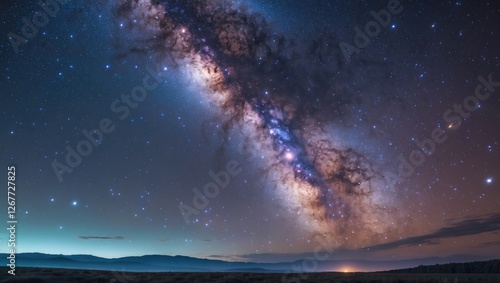 Milky Way galaxy in starry night sky with vibrant colors over silhouette of landscape and mountains Copy Space photo