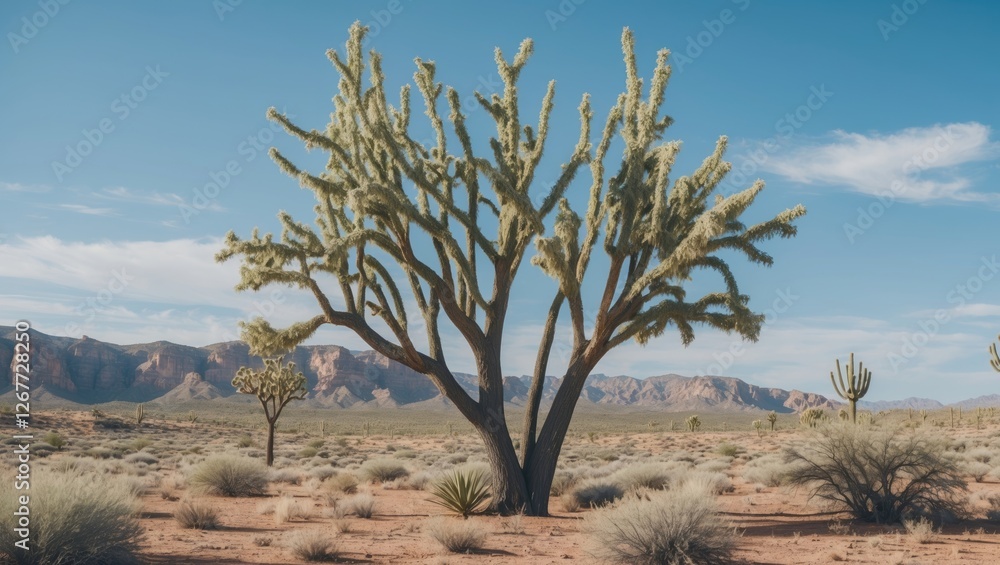Desert landscape featuring a unique cactus tree under a clear blue sky with mountains in the background and shrubs in the foreground Copy Space Desert landscape featuring a unique cactus tree under a clear blue sky with mountains in the background and shrubs in the foreground Copy Space