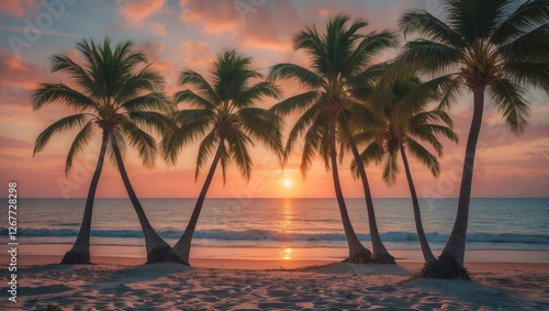 Fototapeta Naklejka Na Ścianę i Meble -  Tropical beach scene with palm trees at sunset and ocean view in the background Copy Space