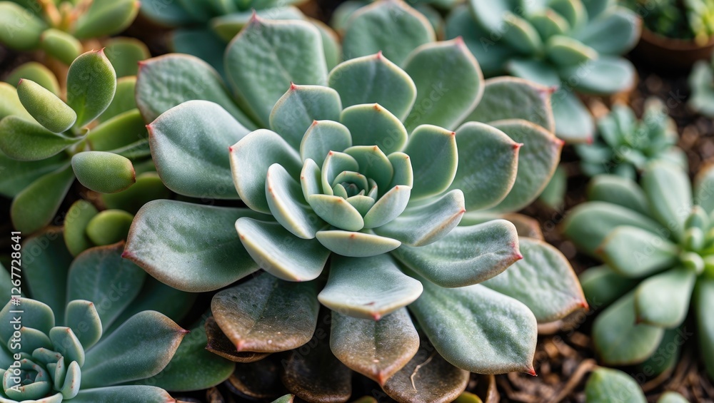 Close-up of succulent plants showcasing various shapes and colors with focus on prominent rosette formation and Copy Space for text Close-up of succulent plants showcasing various shapes and colors with focus on prominent rosette formation and Copy Space for text