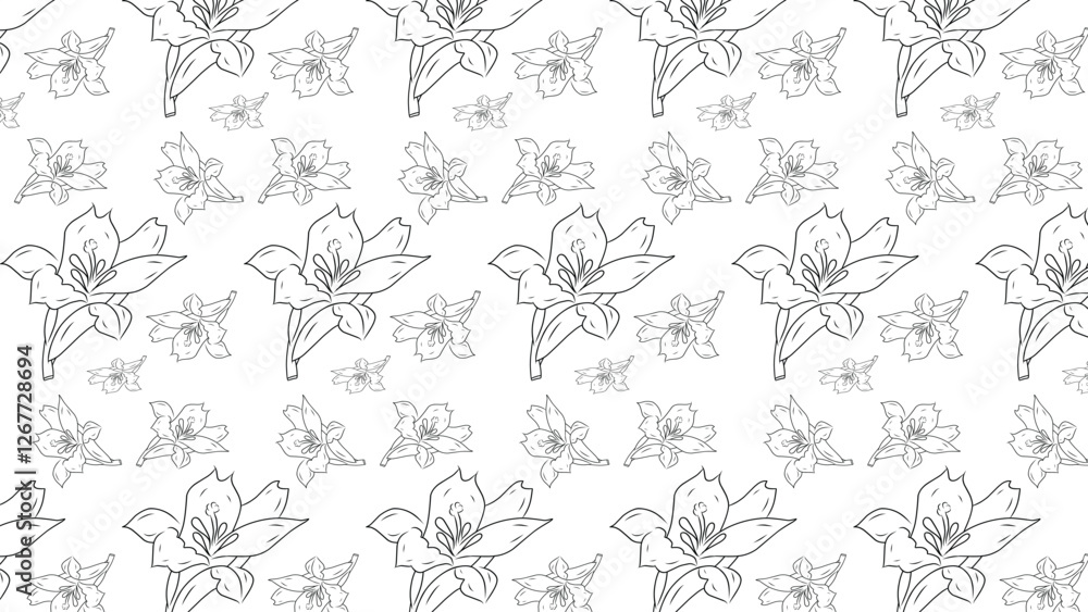 Fototapeta premium Elegant seamless pattern featuring line art drawings of lily flowers arranged in a harmonious layout. Perfect for use as a background, textile design, or decorative purposes.