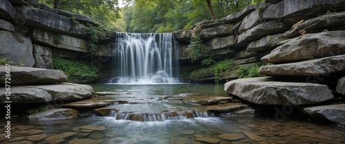 Fototapeta Naklejka Na Ścianę i Meble -  Serene waterfall cascading over rocks into tranquil pool surrounded by lush green forest landscape with clear water reflections. Copy Space