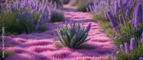 Vibrant pathway through blooming lavender fields featuring bright purple flowers and lush green foliage with Copy Space for text placement