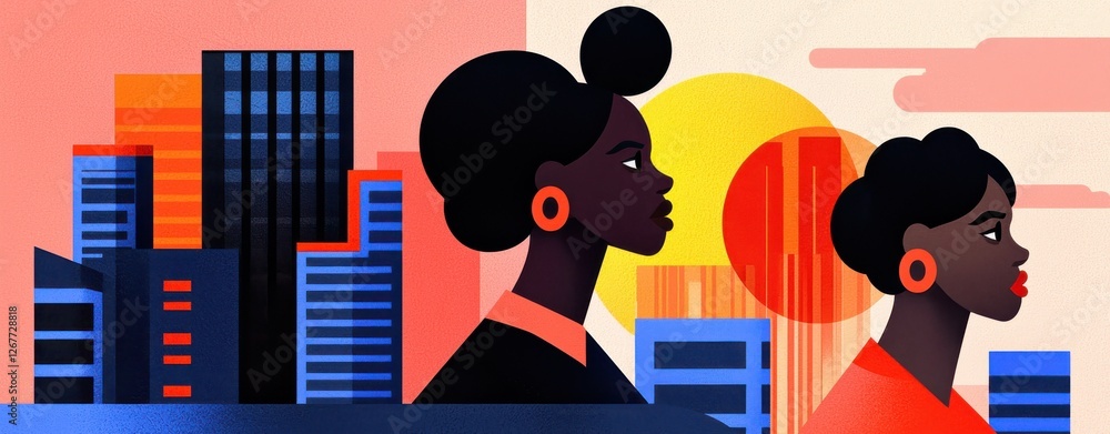 Naklejka premium Two women in profile against a colorful cityscape, showcasing vibrant urban life and diverse representation.