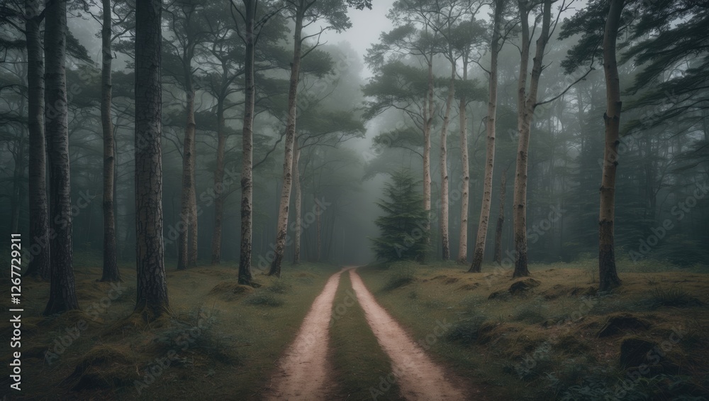 Fototapeta premium Misty forest pathway with tall pine trees and soft ground underfoot in a serene natural setting Copy Space