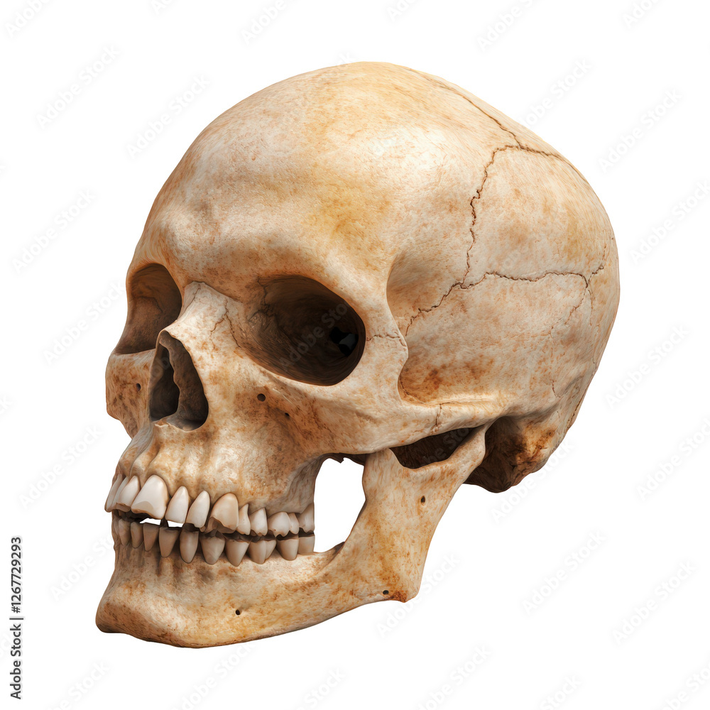 A detailed, three-quarter view of a human skull against a black background. A detailed, three-quarter view of a human skull against a black background.
