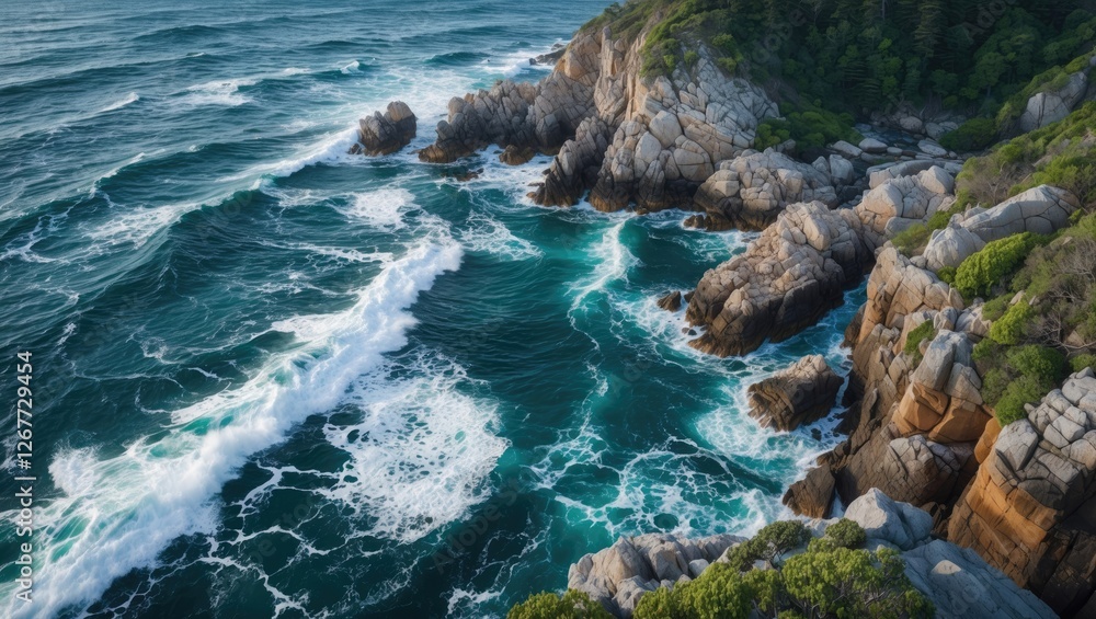 Obraz premium Aerial view of rocky coastline with crashing ocean waves and lush green vegetation in clear blue waters Copy Space