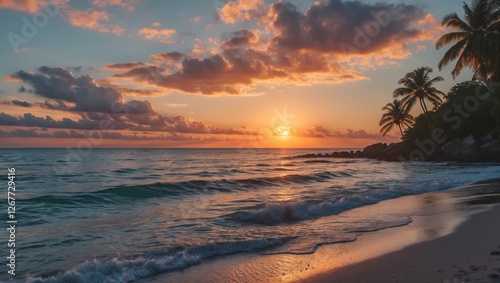 Tropical beach landscape with palm trees at sunset over the ocean and dramatic clouds in the sky Copy Space