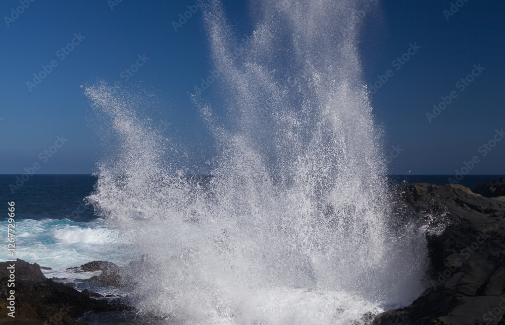 Gran Canaria, salt evaporation ponds Salinas el Bufadero around a blowhole Bufadero in the coast of Arucas municipality Gran Canaria, salt evaporation ponds Salinas el Bufadero around a blowhole Bufadero in the coast of Arucas municipality