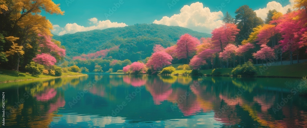 Scenic landscape with vibrant pink trees reflected in calm lake surrounded by mountains under blue sky with clouds Copy Space Scenic landscape with vibrant pink trees reflected in calm lake surrounded by mountains under blue sky with clouds Copy Space