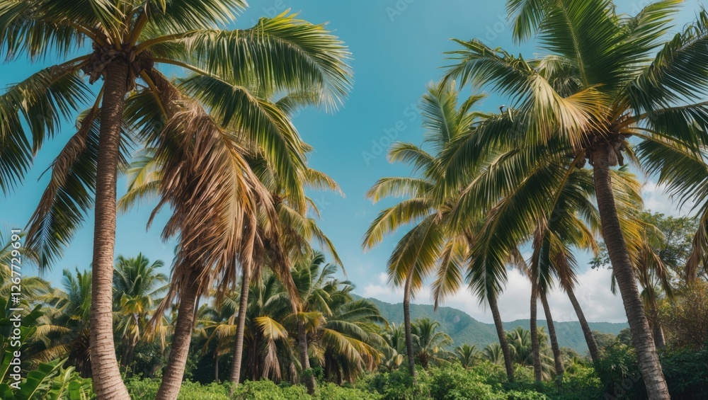 Tropical palm trees swaying in the breeze against a clear blue sky with mountains in the background and lush greenery providing copy space Tropical palm trees swaying in the breeze against a clear blue sky with mountains in the background and lush greenery providing copy space